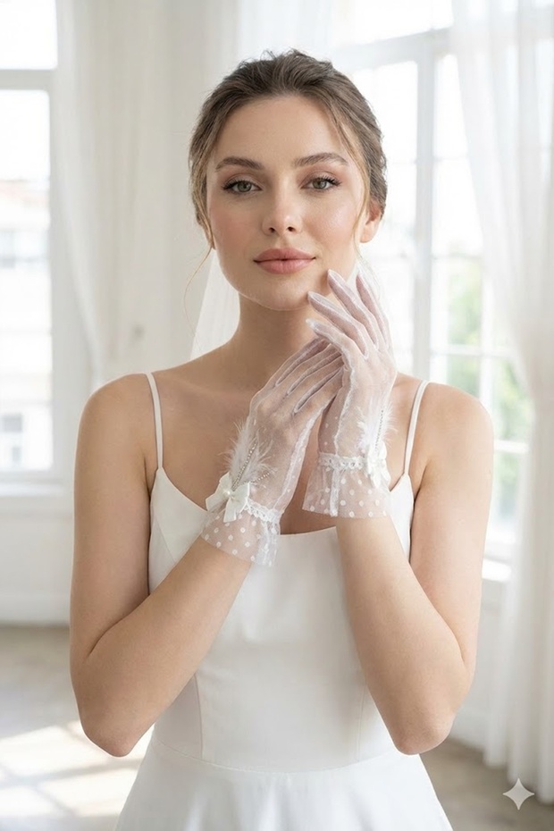 Noirvelle Plume White Tulle Gloves – Stone and Bow Detailing with Dotted Short Bridal Accessory
