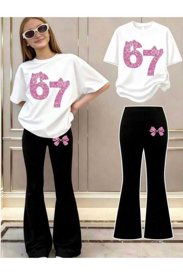 Girls' 67-Bow Printed T-Shirt Spanish Pantalon Set