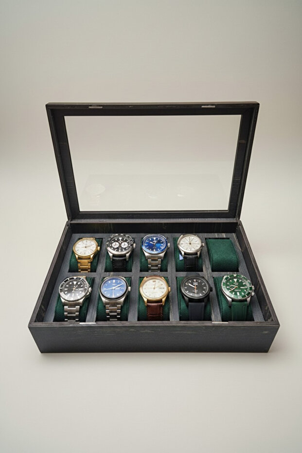 Dark Walnut Mdf 10 Compartments Magnetic Cover 31X21X9 cm Glass Cover Watch Box Organizer