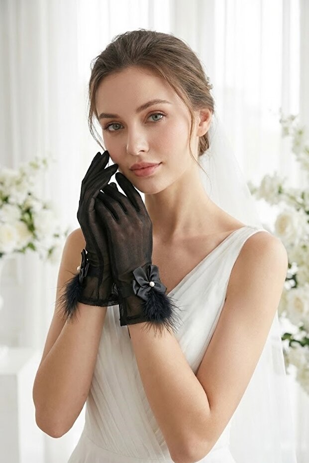 Feather Charm Black Tulle Bridal Gloves – Luxurious Wedding & Bridal Accessory with Pearl Bow Detail