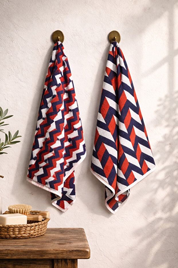Set of 2 100% Cotton Hand & Face Towels | 50X70 cm | Geometric Patterned Towel Set