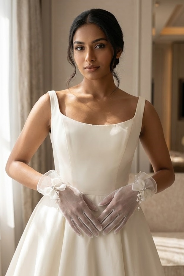 Serelune White Drop Tulle Bridal Gloves – Wedding Accessory with Rhinestone Bow and Dangling Pearls