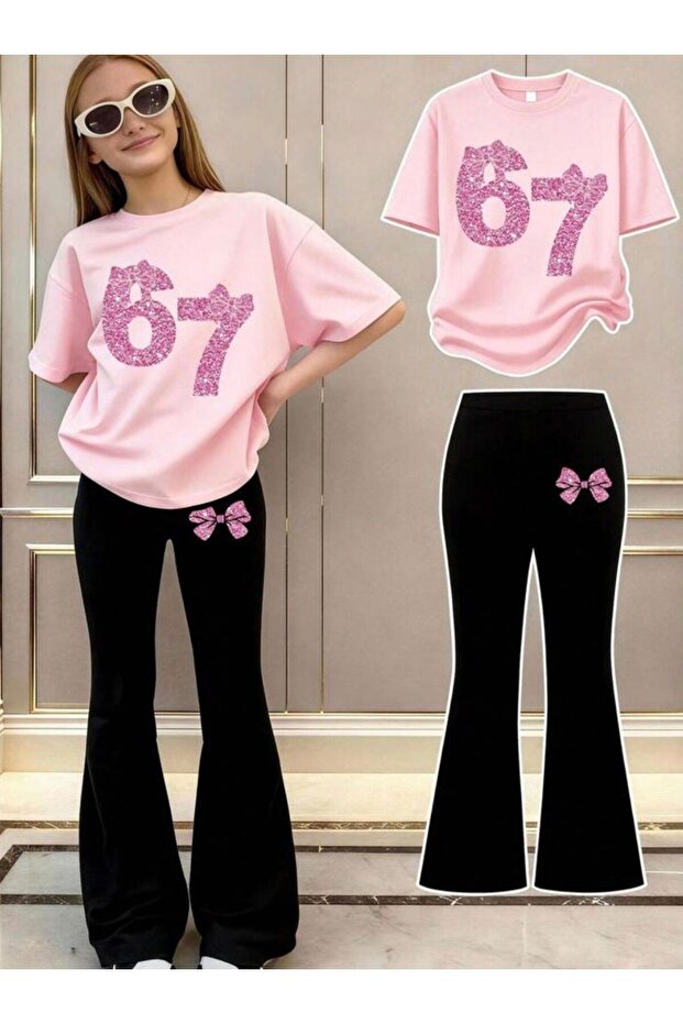 Girls' 67-Bow Printed T-Shirt Spanish Pantalon Set