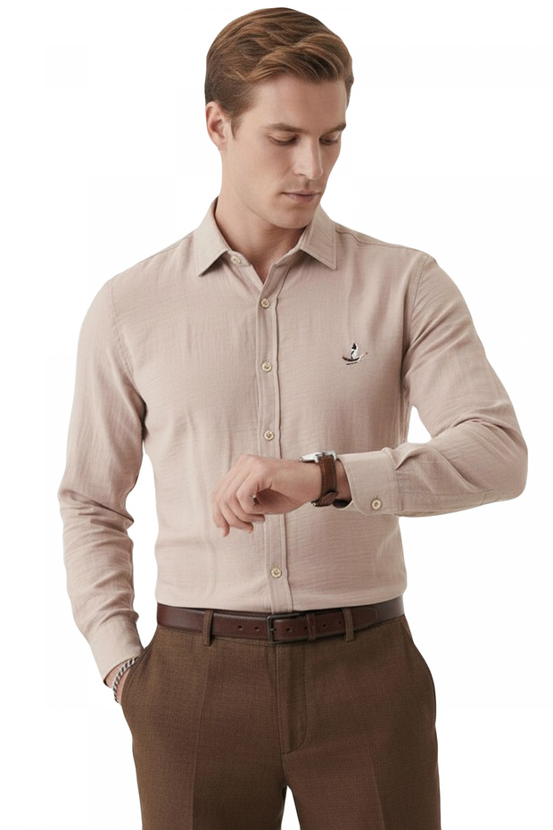 Beige Modal Fabric Comfortable Fit Embroidered Men's Shirt 2602630
