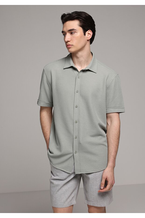 Regular Fit Shirt Neck Plain Men's Green Long Sleeve Shirt