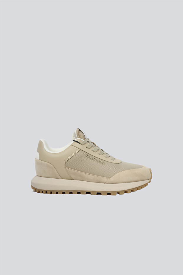 Men's Suede and Mesh Detailed Round-Toe Logo-Embossed Beige Sneaker