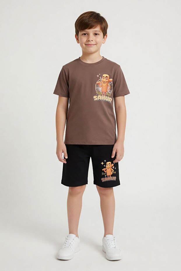 Brown Boys' Crew Neck T-Shirt and Shorts 2-Piece Printed Set 24000