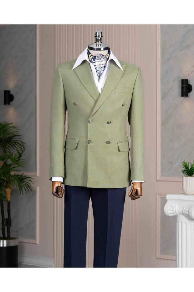 Italian Style Slim Double-Breasted Men's Single Jacket Khaki T13664