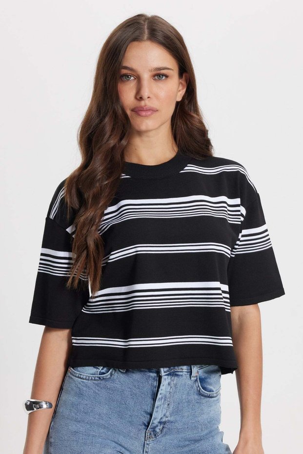 Women's Standard Fit Regular Fit Crew Neck Short Sleeve Striped Black T-Shirt Blouse