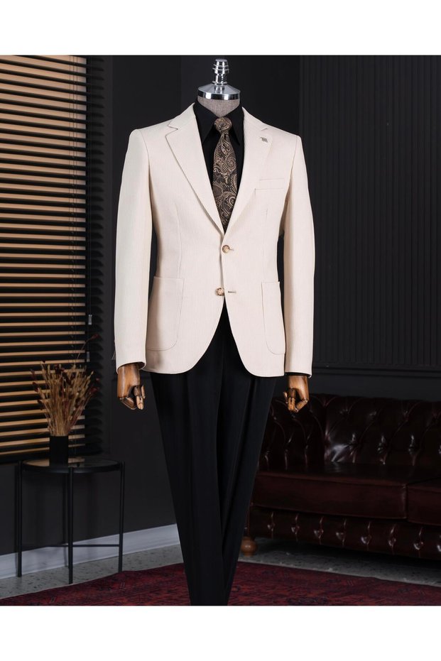 Italian Style Slim Fit Mono Collar Men's Single Jacket Beige T14807