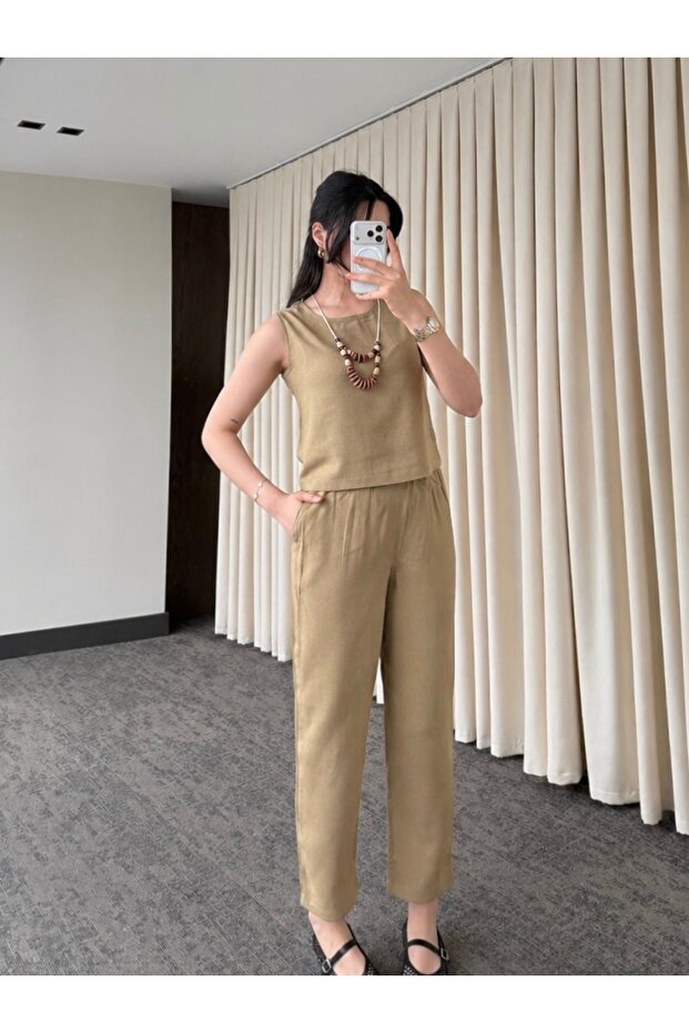 Khaki Necklace Blouse Trousers Set - 8757