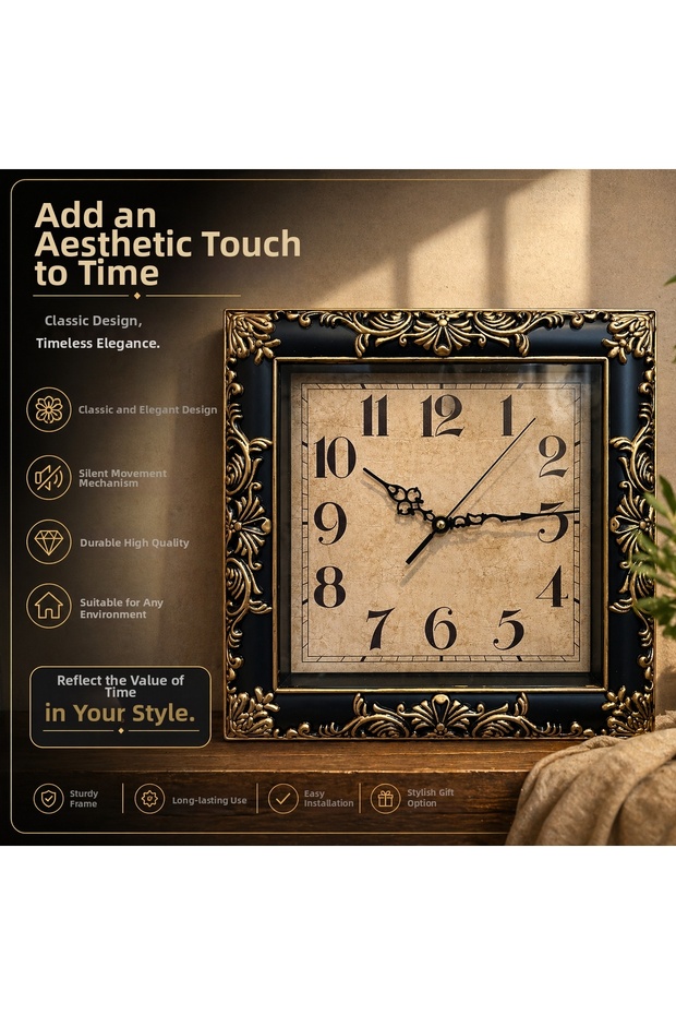 ساعة حائط مربعة مزخرفة صامتة من البوليستر مقاس 30x30 سم