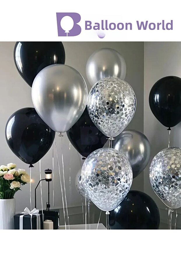 5-Piece Black, Silver, and Clear Balloon Set – Birthday and Party Decorations 🎈