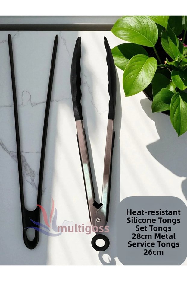 Metal Frying Tongs with Silicone Tips and Silicone Tongs Set - Set of 2 Tongs