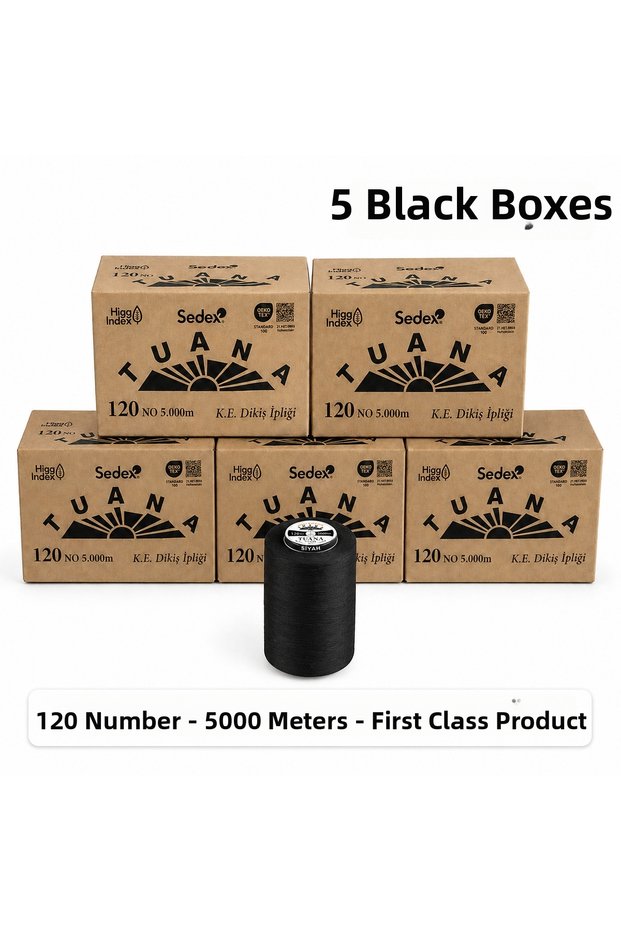 Tuana Polyester Sewing Thread 120 Number 5000 Meters Black 30 Spools 5 Boxes Machine Thread Sewing Thread