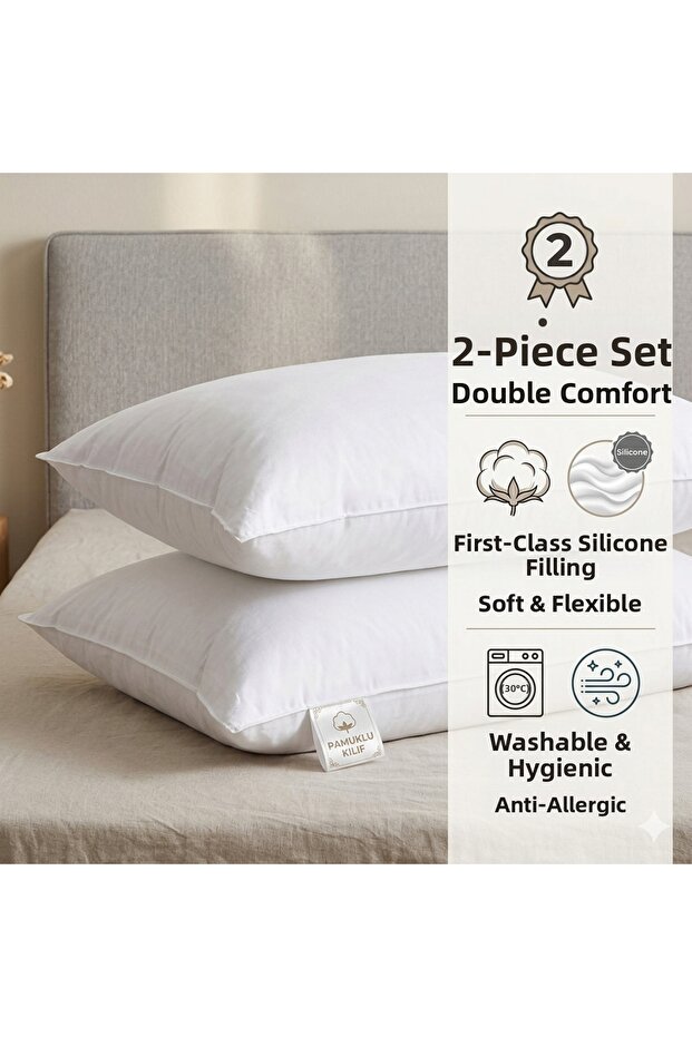 Pofidik 2-Piece Silicone Pillow Set - 50X70 cm Pillow with Bead Silicone Filling, Antiallergic and Washable