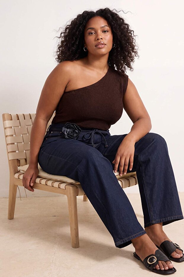 Koyu Mavi Lastikli Bel Gül Kemerli %100 Pamuk Non-stretch Wide Leg/Geniş Paça Jeans TBBSS26CJ00042