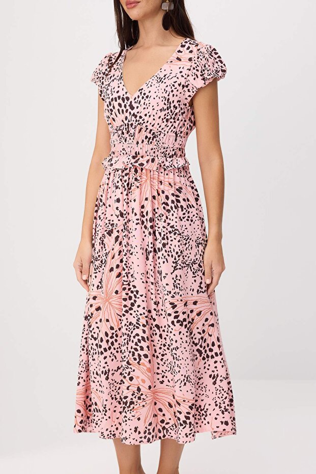 Pembe- Çok Renkli Animal Print Midi Soğuk Tuşeli Dokuma Elbise TWOSS26EL00220 - 3