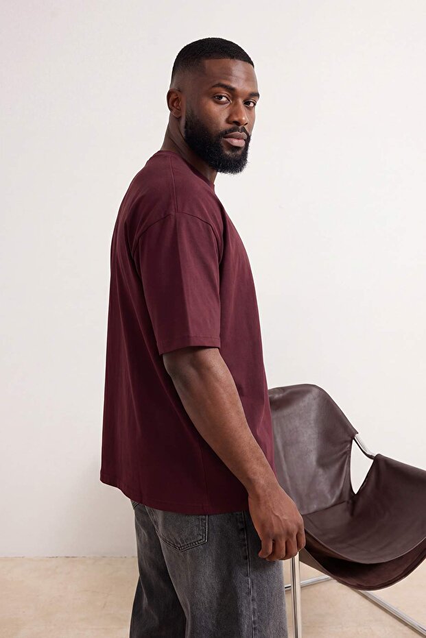 Büyük Beden Bordo Oversize/Geniş %100 Pamuk Slogan Baskılı T-Shirt TMNSS26BF00004 - 3
