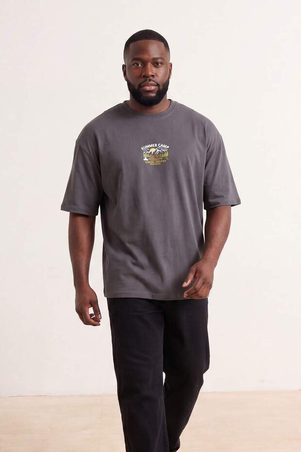 Antrasit Bisiklet Yaka Oversize/Geniş Lesim Büyük Beden T-Shirt - 2