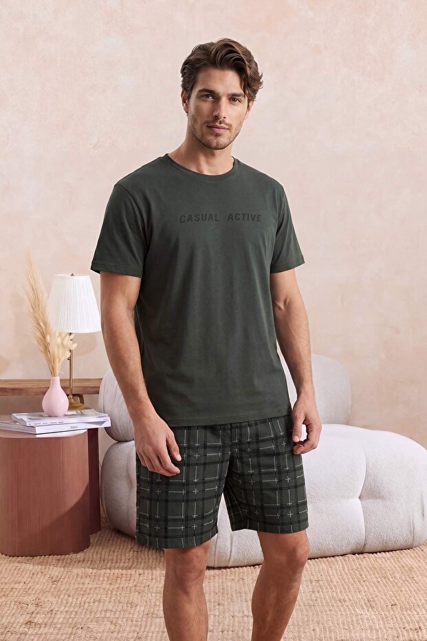 Büyük Beden Haki Regular Ekose/Kareli Pamuklu Büyük Beden Pijama Takımı TMNSS26AI00012 - 2