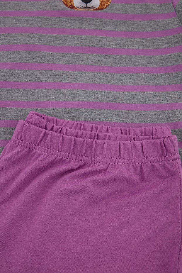 Gri-Çok Renkli Ayıcık Baskılı Çizgili Örme Büyük Beden Pijama Takımı TBBSS26AI00084 - 4