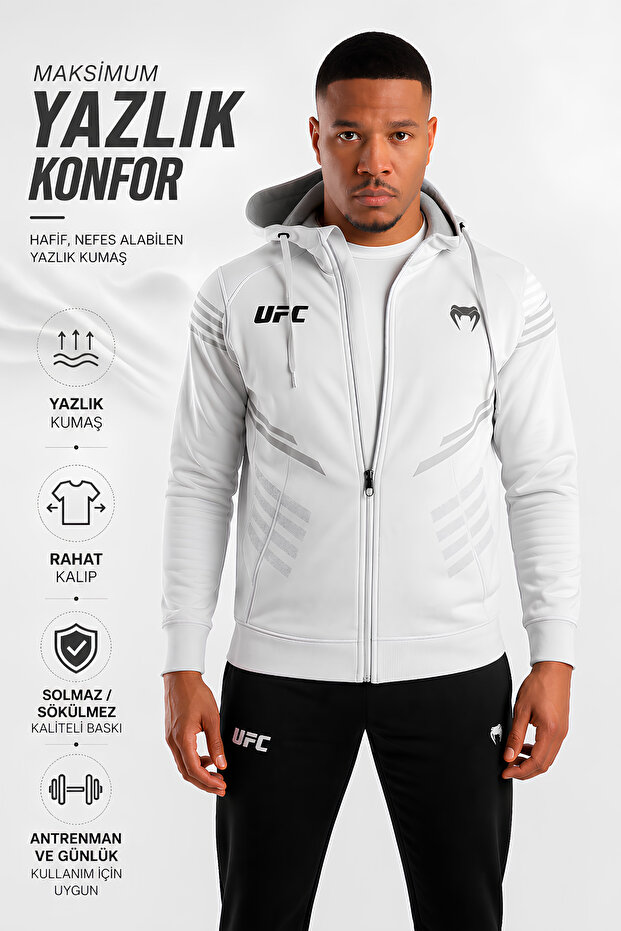 Stylovi Venum Pro Fight Beyaz Fermuarlı Kapüşonlu Spor Sweatshirt UFC Hoodie Zip