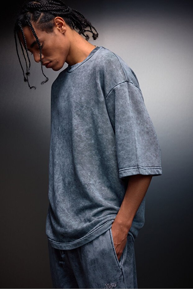 Men's Gray Oversized Washed Effect Basic Tshirt - 2