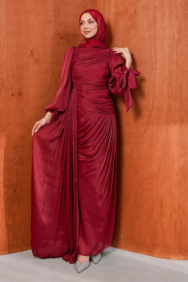 Burgundy Front Gathered Chiffon Evening Dress