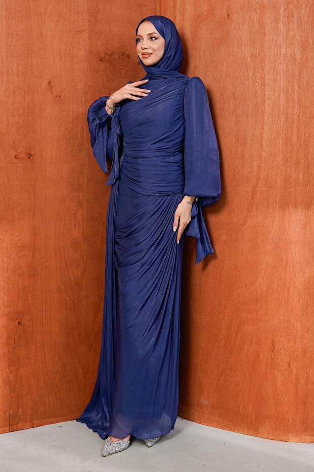 Navy Blue Front Gathered Chiffon Evening Dress