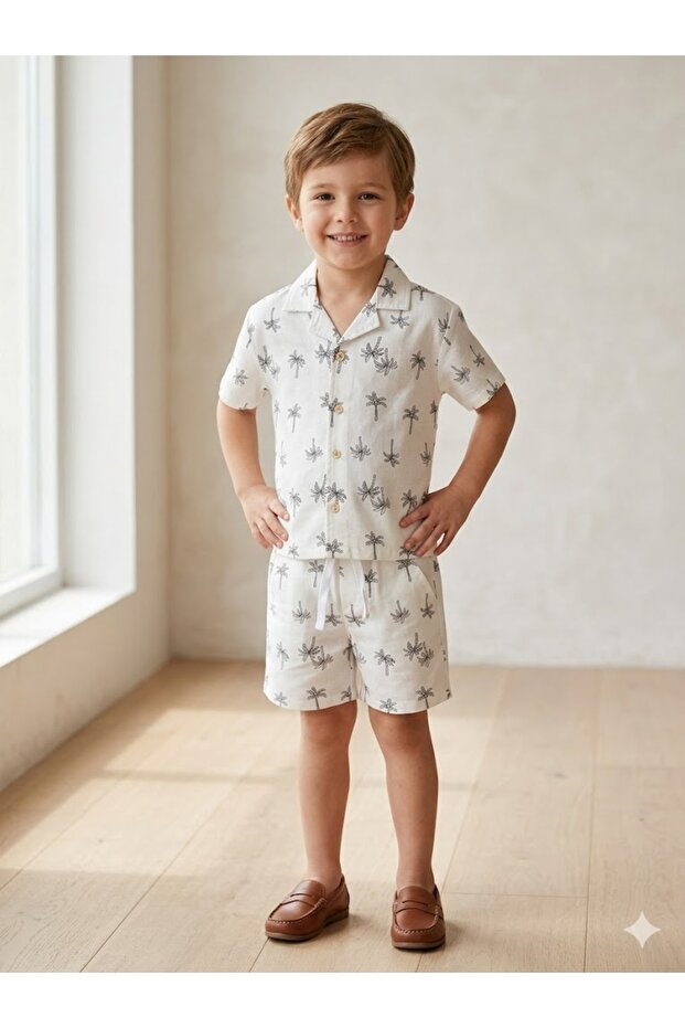 Boys Linen Cotton Palm Patterned Shirt-Shorts Top and Bottom Set White