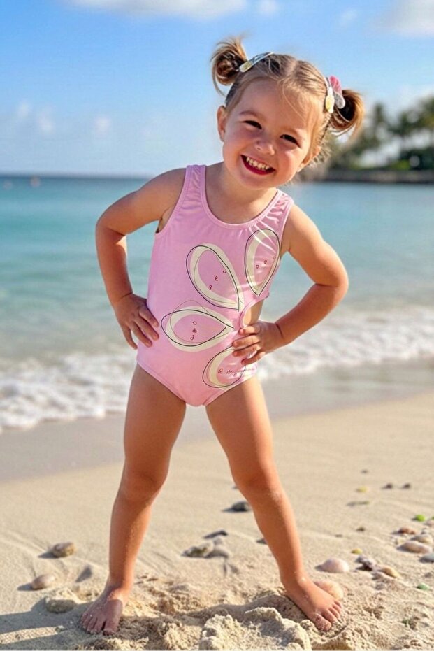 Girl's Swimsuit Floral Patterned Pink Upf 50 Protected