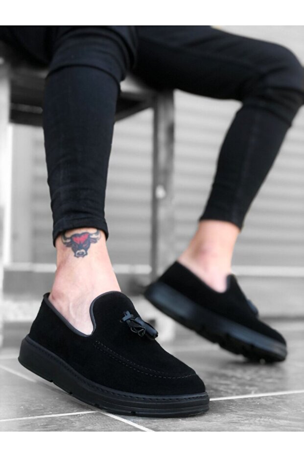 BA0005 Laceless High Sole Classic Suede Black Black Sole Tassel Men's Shoes