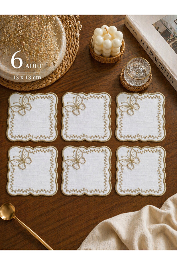 Butterfly Embroidered Coffee Presentation Napkins – Set of 6 Fabric Cocktail Napkins