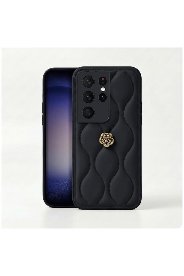 Samsung Galaxy S22 Ultra Compatible Case Floral Wavy Leather Case Black