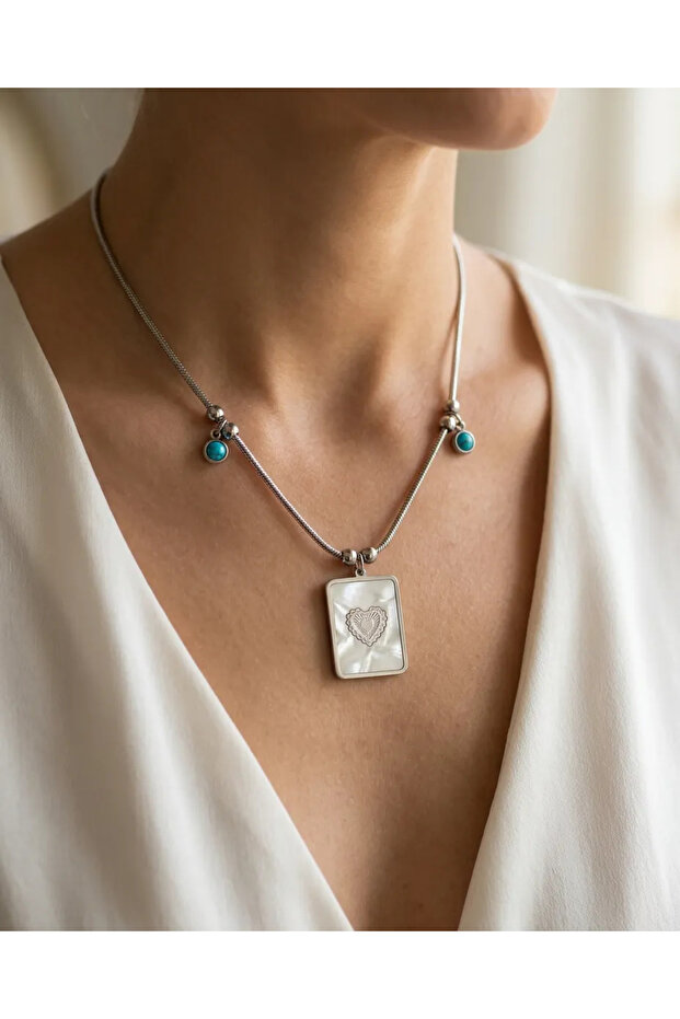 Anti-Tarnish Steel Turquoise Stone Pearlescent Heart Necklace