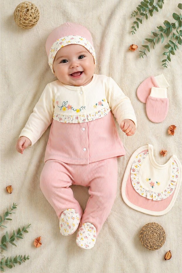 Baby Girl Natural Cotton Fabric 5-Piece Embroidered Luxury Hospital Release Set Stl6792