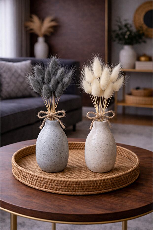 ÇINARASYADAHOME Gri-Beyaz Lagurus Bunny Tail Grass 2 Demet 10'lu 30-40 cm Şoklanmış Çiçek Pamuk Otu Kurutulmuş Çiçek