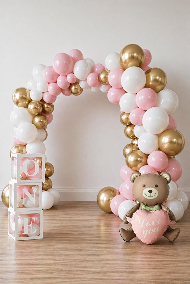 Chrome Gold, Macaron Pink and White Balloon Themed 1 Year Old Set; One Box Pink Heart Teddy Bear Foil and Balloon
