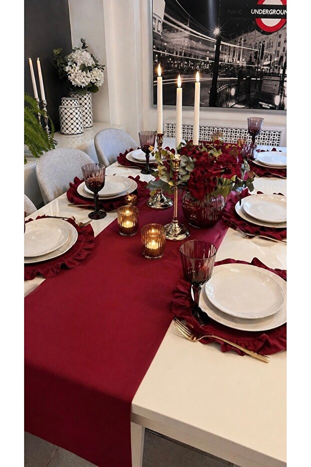 6 Pieces Stain-Resistant Burgundy Ruffled Round American Serving Plate
