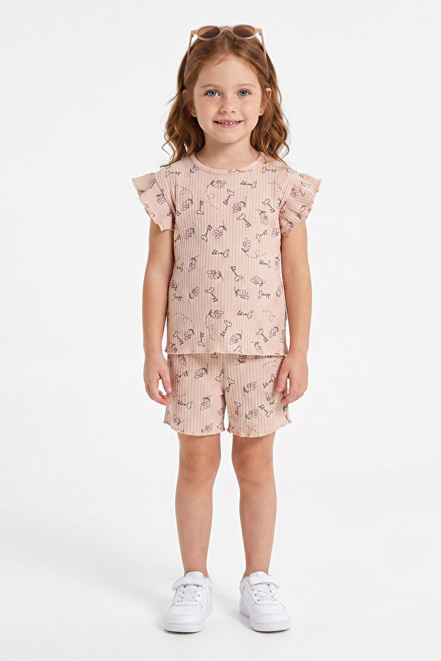 Ribbed Floral Patterned Ruffled Girls' Shorts Set of 2