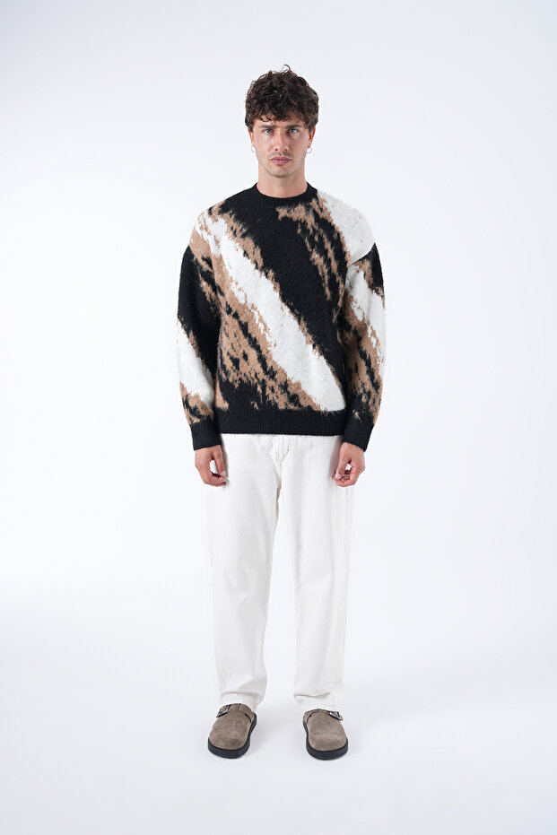 Unisex Abstract Patterned Furry Oversized Knitwear Sweater