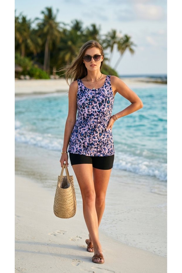725705_Women's Strappy Tunic Shorts Set with Built-In Chest Pads Half Crop Lined 2 Piece Sea/Pool/Hot Spring Leggings Swimsuit Set