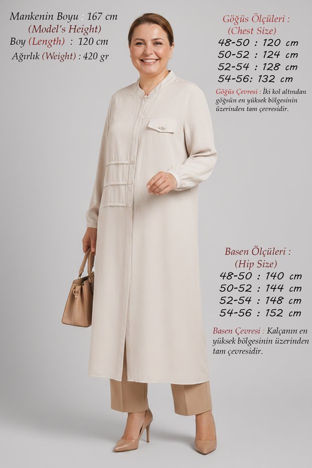 Plus Size Women's Summer High Quality Anti-Sweat Hijab Cardigan with Hidden Zipper Cap Ecru Mother Tunic