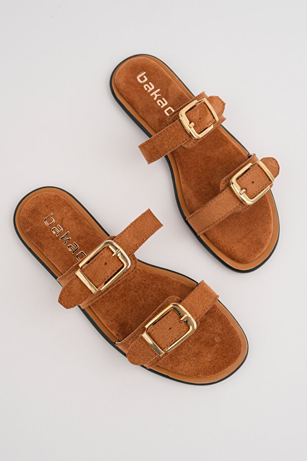 Women's tan suede double-strap comfort sole slippers