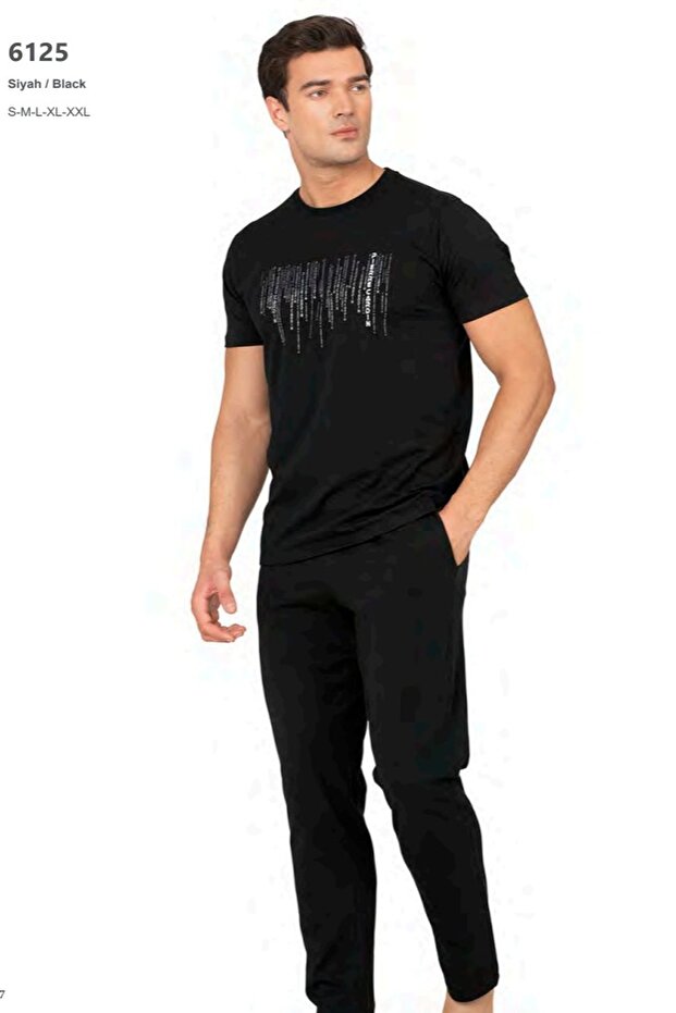 6125 Men's Short Sleeve Crew Neck Pajama Set-Black