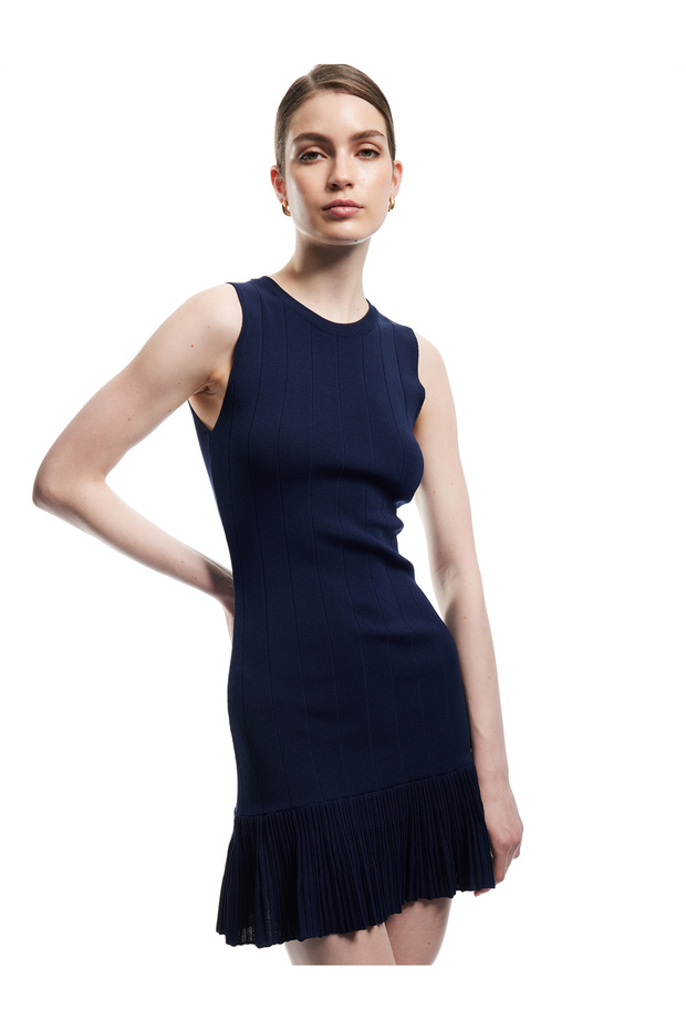 X Melis Ağazat - Mini Length Sleeveless Crew Neck Knitwear Dress with Ruffles at the Hem