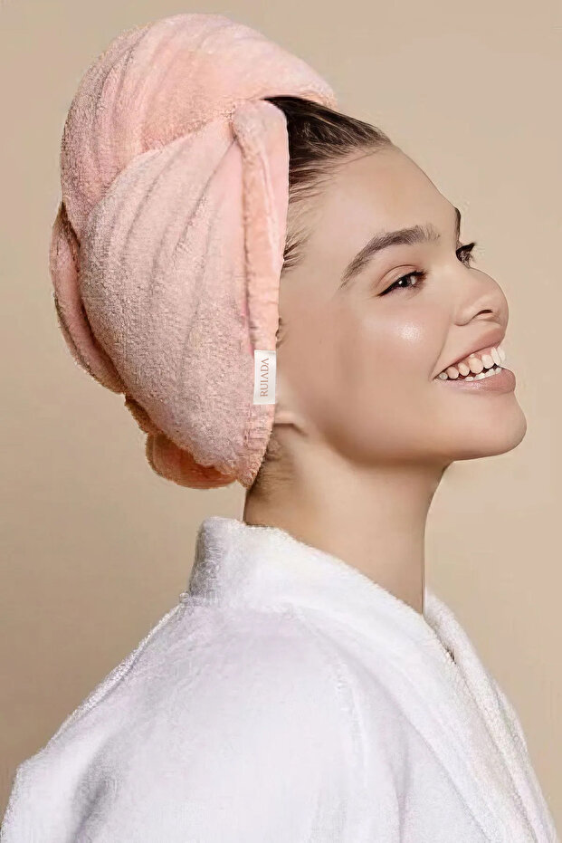 100% Cotton Hair Drying Cap/Towel with Elastic and Buttons Fuchsia D