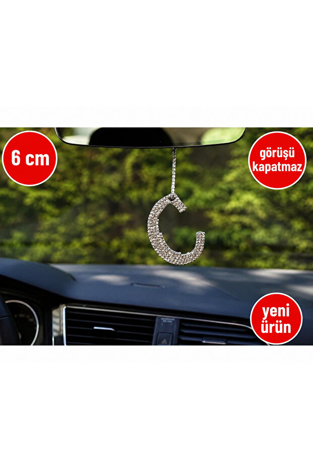 Silver Stone Rear View Mirror Pendant Ornament Letter C