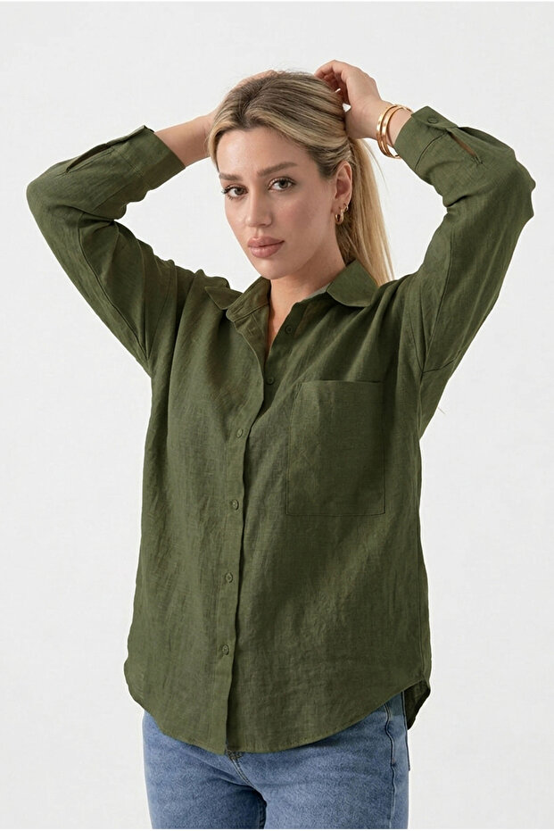 Women's Khaki Basic Oversize Linen Pocket Long Sleeve School Plus Size Shirt
